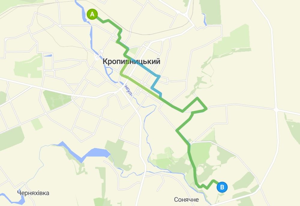 Схема маршрута автобуса 123 в Кропивницком