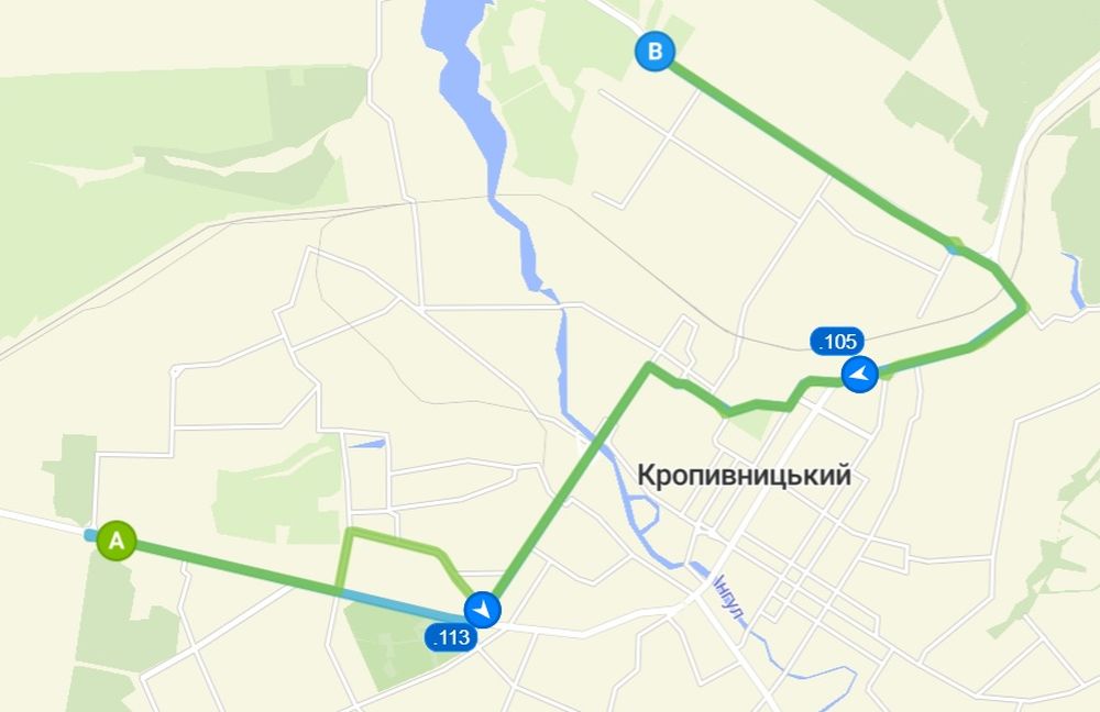 Маршрут руху тролейбуса №1 у Кропивницькому