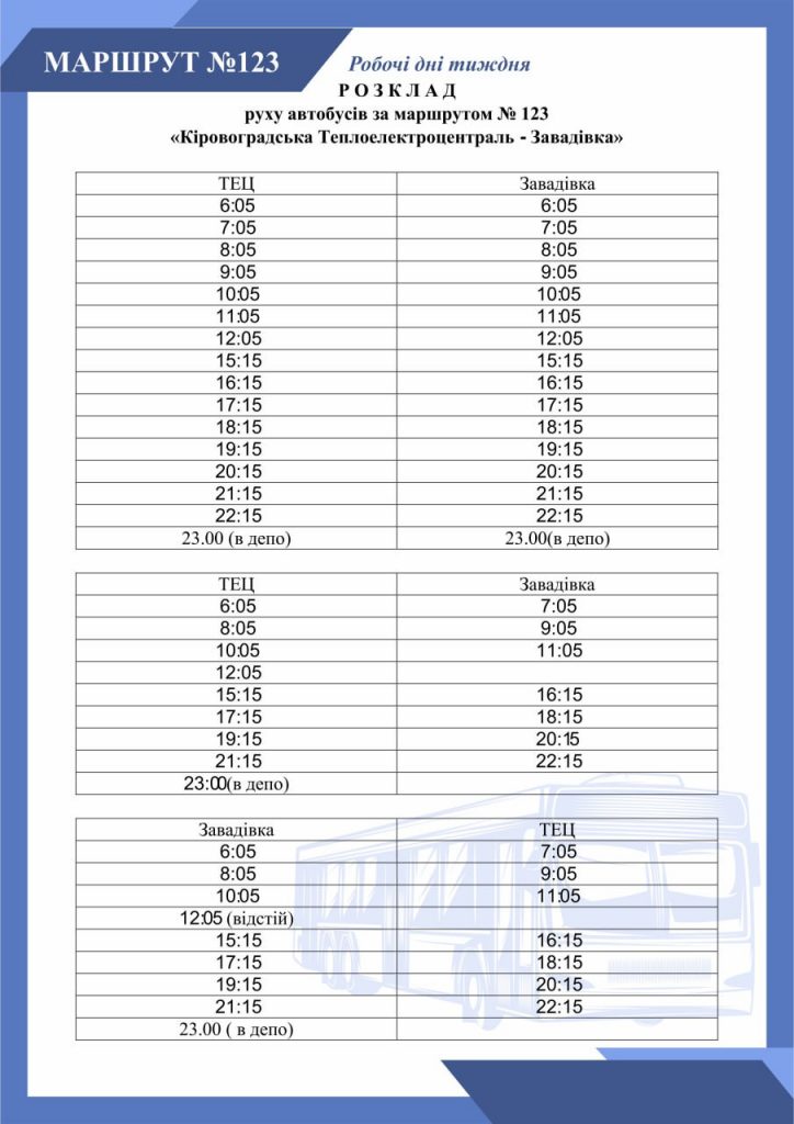 Розклад руху автобуса 123 у робочі дні (Кропивницький)