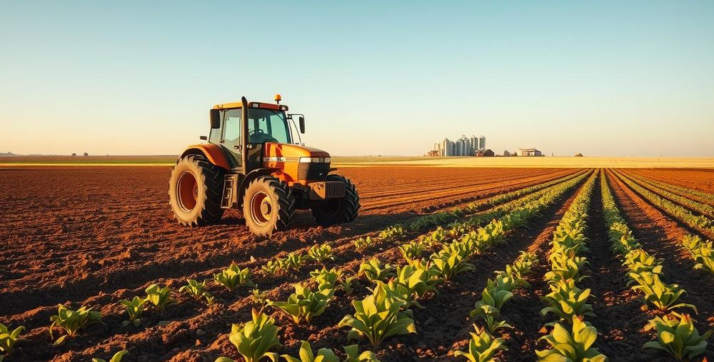 A vast expanse of fertile soil stretches across the steppe, dotted with weathered farm equipment. In the foreground, a powerful tractor tills the earth, its large wheels leaving deep furrows in the rich, dark soil. Surrounding the tractor, rows of hardy crops sway gently in the breeze, their leaves rustling in the golden afternoon sunlight. In the distance, a cluster of silos and barns stand silhouetted against the horizon, a testament to the region's agricultural heritage. The scene conveys a sense of hard work, productivity, and the enduring resilience of the steppe landscape.