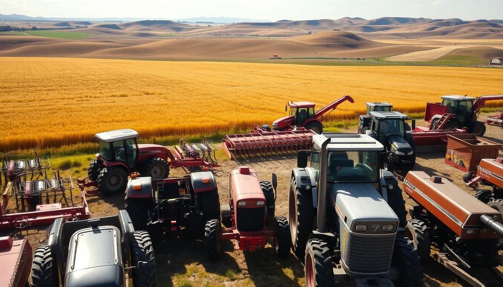 A sprawling steppe landscape, sun-dappled and tranquil. In the foreground, a fleet of agricultural machinery stands ready - sturdy tractors, plows, and harvesters, their polished metal gleaming. Carefully arranged to showcase their functional forms and capabilities. In the middle ground, fields of golden wheat sway gently, hinting at the fertile soil. The background features distant rolling hills, painted in natural hues of green and ochre. The scene conveys a sense of productivity and practicality, showcasing the essential tools for cultivating this bountiful, yet challenging steppe environment.