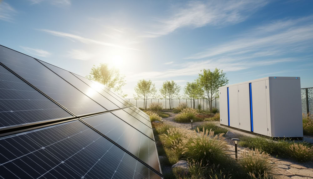 A photorealistic hybrid solar power station designed for backup energy storage during blackouts. In the foreground, showcase modern solar panels angled towards the sun, contrasting with a sleek, white battery storage system nearby. In the middle ground, depict a well-maintained garden area surrounding the station, incorporating small trees and solar-friendly landscaping. The background features a clear blue sky with soft, diffused sunlight illuminating the scene, emphasizing the technology's sustainability. Capture this from a slight low angle to present the solar panels prominently. The overall atmosphere should convey innovation and reliability, reflecting a modern energy solution ready for energy demands during outages.