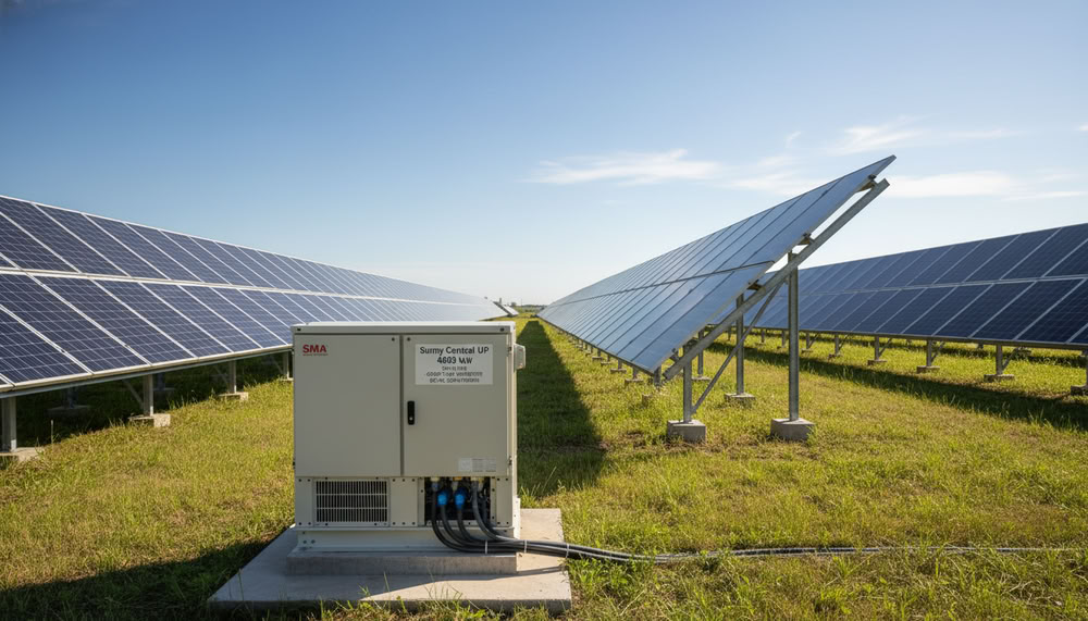 A photorealistic image of a grid-tied solar power station featuring several rows of solar panels, glinting under bright sunlight. In the foreground, include a utility-scale inverter with clear labeling, allowing viewers to appreciate its role in energy conversion. In the middle ground, display the array of solar panels stretching across a gently rolling landscape, with natural green grass beneath them. In the background, add a clear blue sky with a few wispy clouds, conveying an atmosphere of a bright, efficient energy source. Use natural colors and sharp details to emphasize the technology's advanced design, creating a professional and informative feel, perfect for illustrating the economic benefits of grid-tied solar systems.