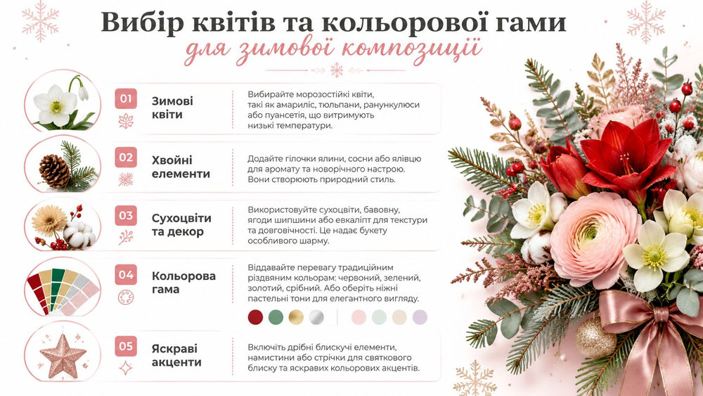 Інфографіка з порадами щодо вибору квітів та декору для створення гарної зимової композиції до новорічних свят.