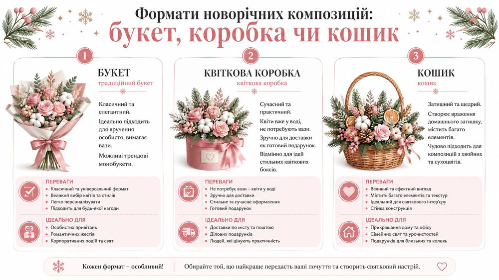 Інфографіка з порадами щодо вибору новорічних композицій у вигляді букета, квіткової коробки або святкового кошика.