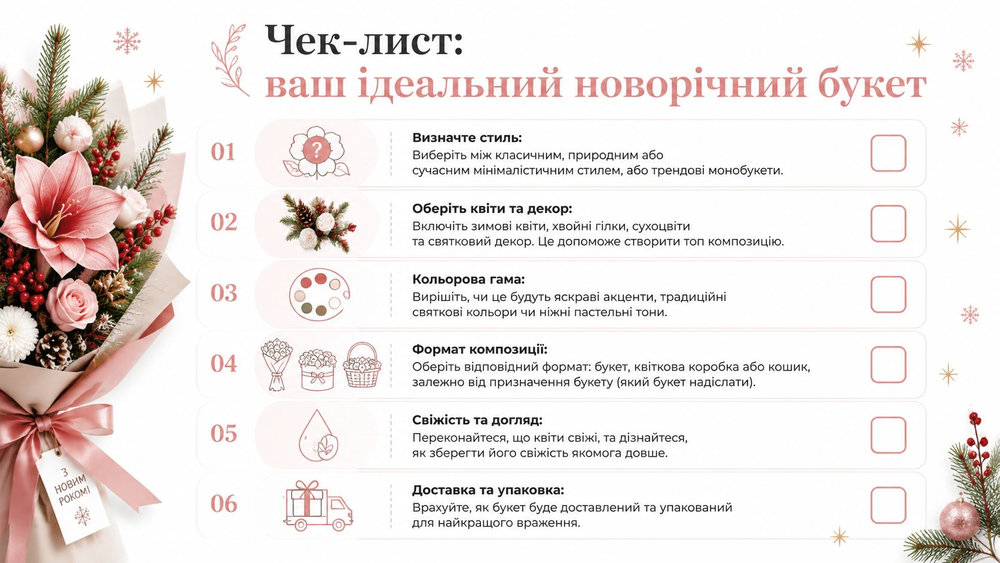 Чек-лист для вибору ідеального новорічного букета з порадами щодо стилю, декору, кольорів та догляду за квітами.